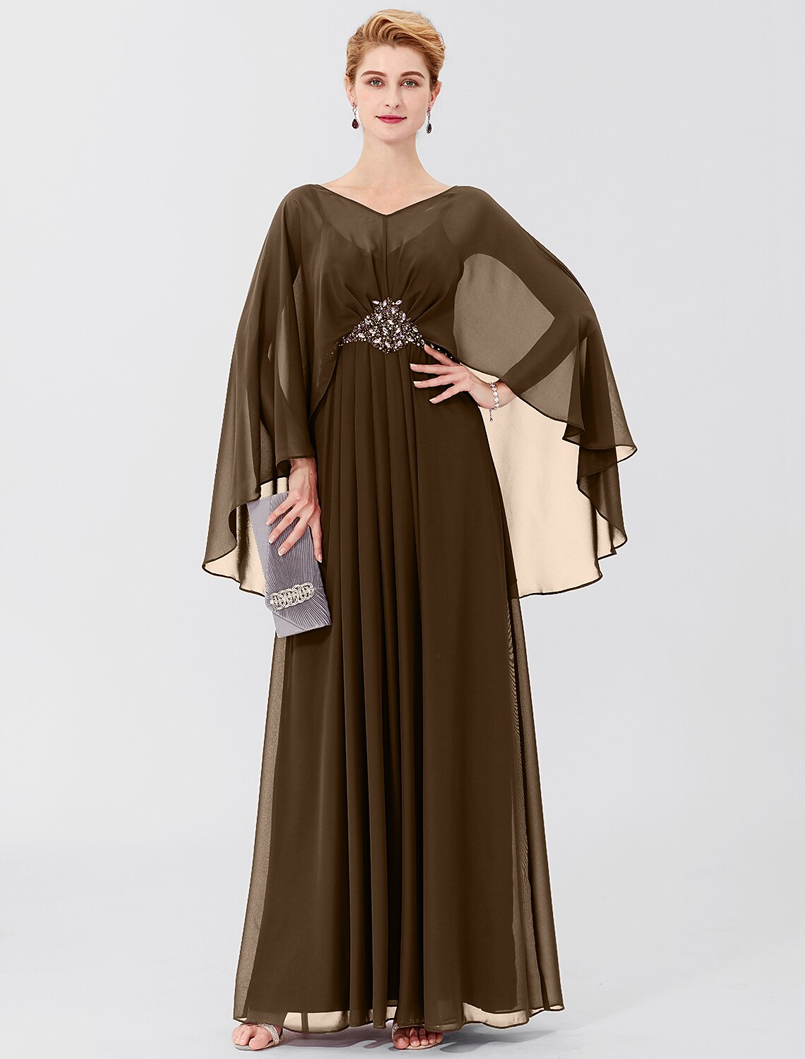 Sheath / Column Mother of the Bride Dress Formal Classic & Timeless Elegant & Luxurious Elegant V Neck Floor Length Chiffon Long Sleeve with Pleats Beading