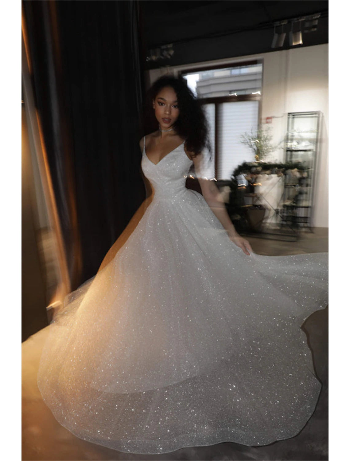 Hall Sparkle & Shine Casual Wedding Dresses A-Line Camisole V Neck Spaghetti Strap Sweep / Brush Train Sequined Bridal Gowns With Solid Color Summer Fall Wedding Party , Women's Clothing