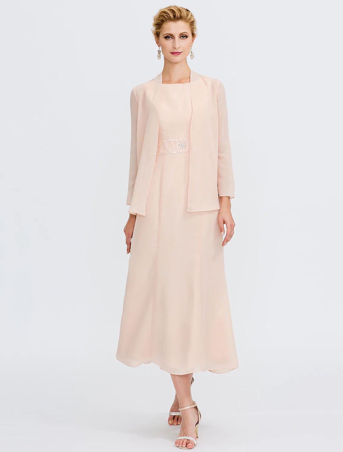 DingjiTwo Piece Sheath / Column Mother of the Bride Dress Wedding Guest Plus Size Elegant with Jacket Long Sleeve Scoop Neck Tea Length Chiffon Sash / Ribbon Pleats Beading