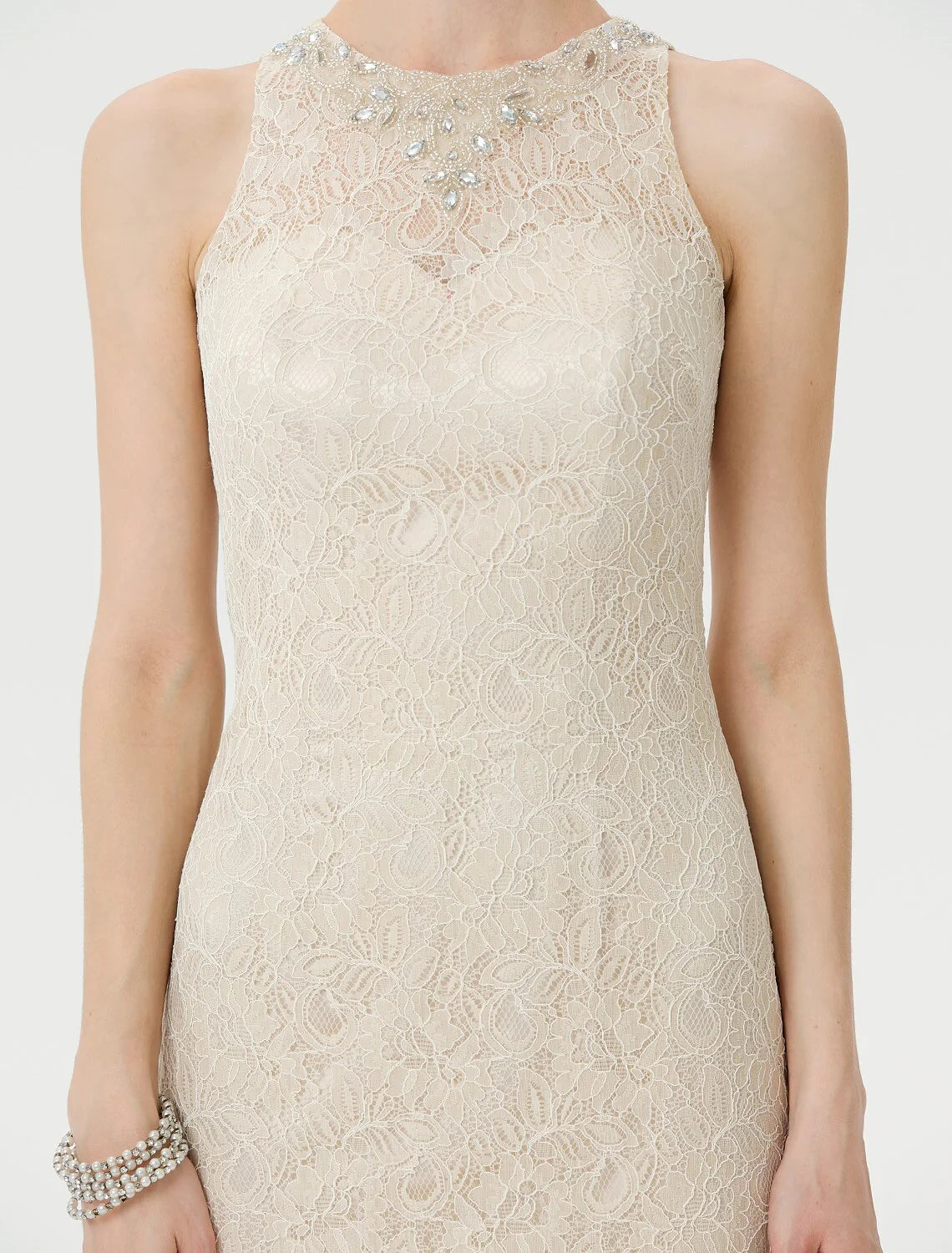 Sheath / Column Mother of the Bride Dress Elegant See Through Illusion Neck Floor Length Lace Sleeveless with Crystals Beading