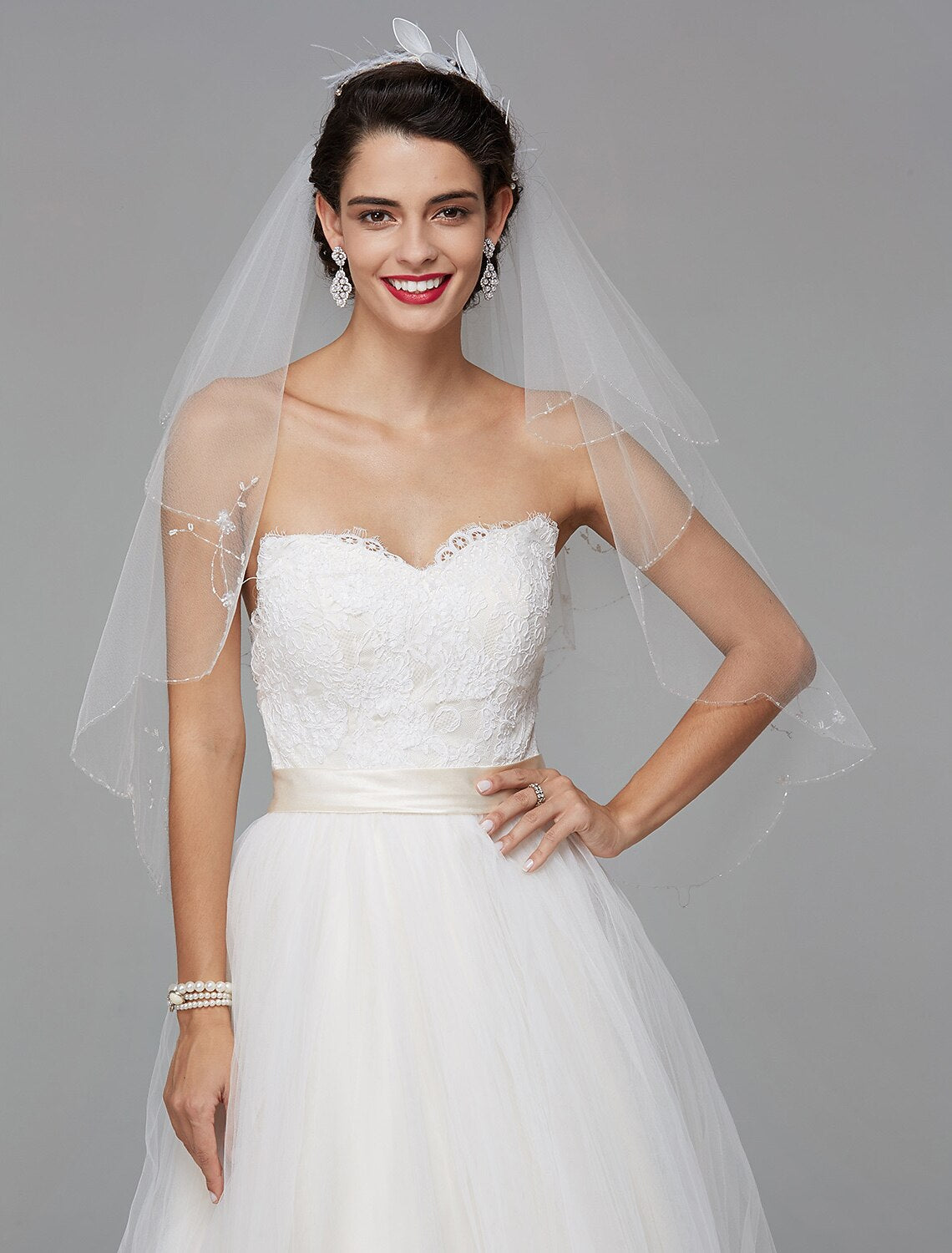 A-Line Wedding Dresses Sweetheart Neckline Court Train Lace Tulle Sleeveless Wedding Dress in Color with Sash / Ribbon Buttons
