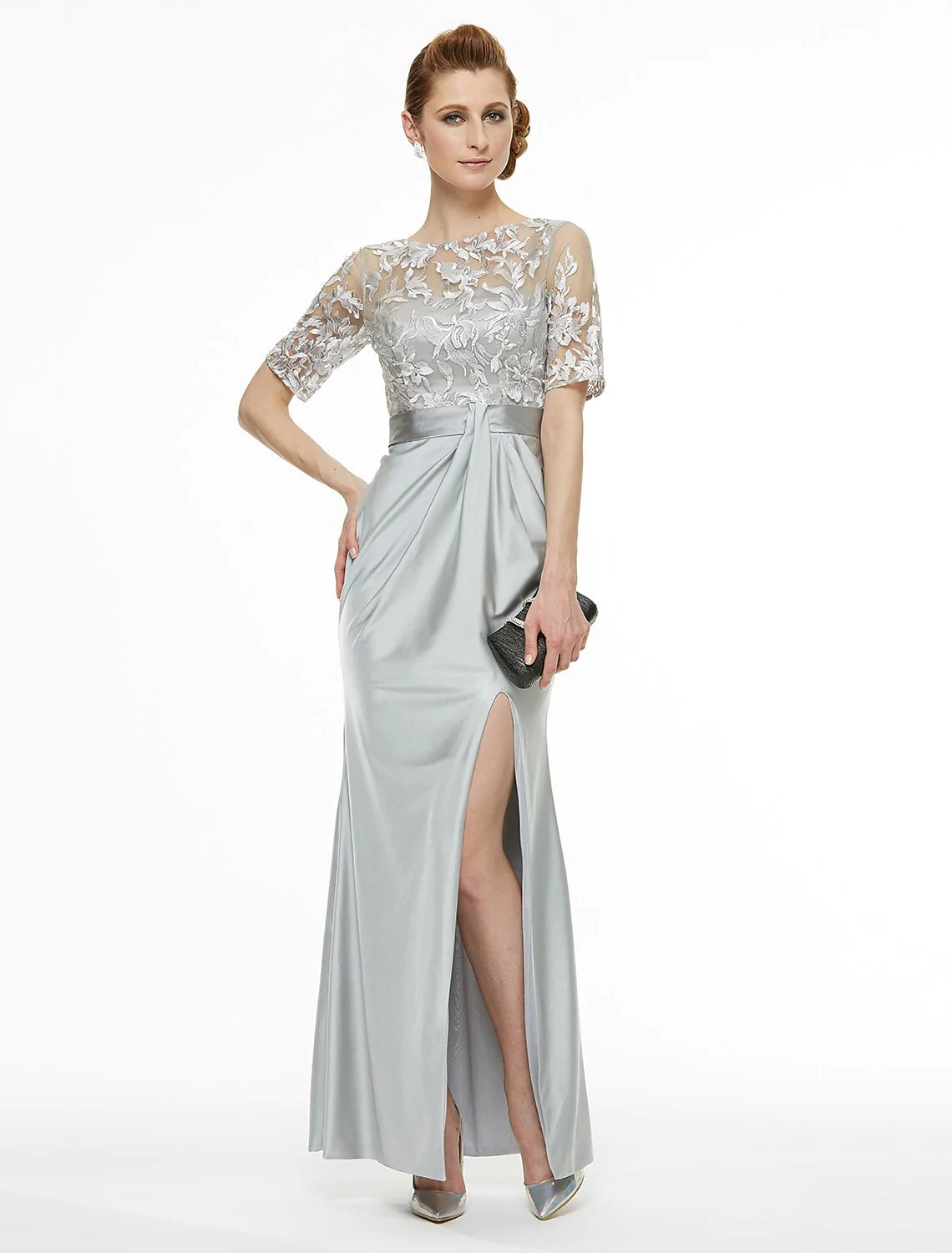 Sheath / Column Bateau Neck Ankle Length Lace / Jersey Mother of the Bride Dress with Lace / Pleats