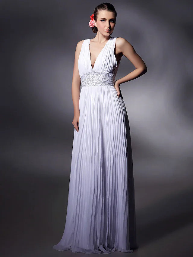 DingjiSheath / Column Celebrity Style Dress Prom Floor Length Sleeveless Plunging Neck Chiffon with Beading Draping