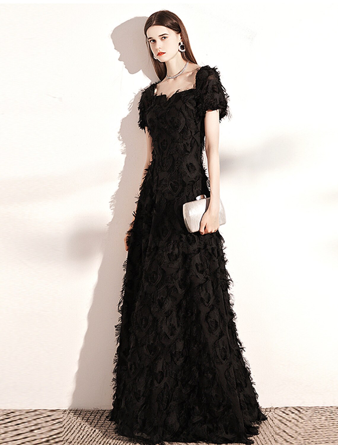 A-Line Evening Gown Minimalist Dress Wedding Guest Formal Evening Floor Length Short Sleeve Scoop Neck Nylon with Feather Pure Color