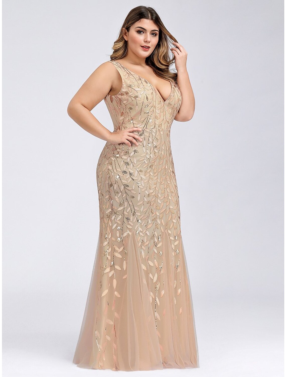 Mermaid / Trumpet Plus Size Sexy Prom Formal Evening Dress V Neck Sleeveless Floor Length Tulle with Appliques