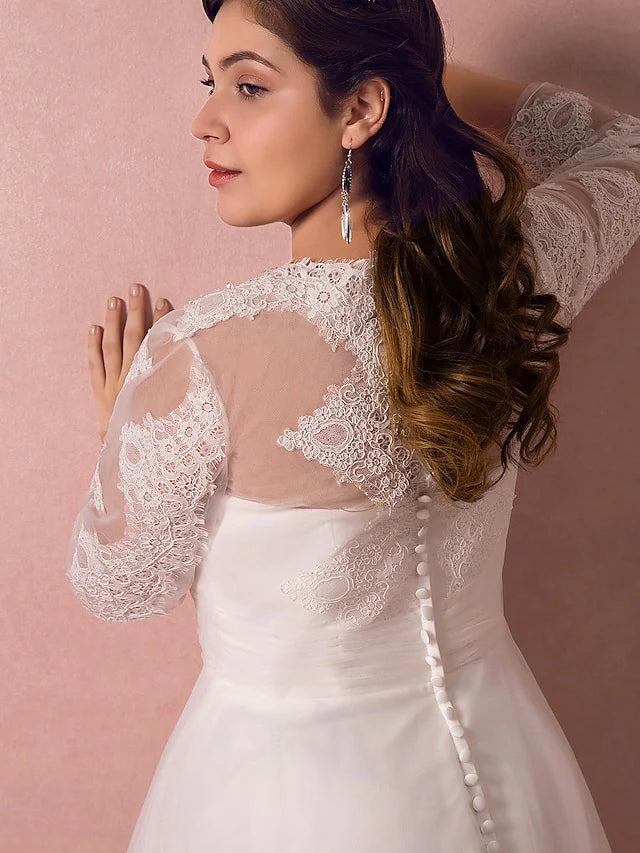 Dingji Hall Sparkle & Shine Wedding Dresses Court Train A-Line Long Sleeve Illusion Neck Satin With Buttons Ruched