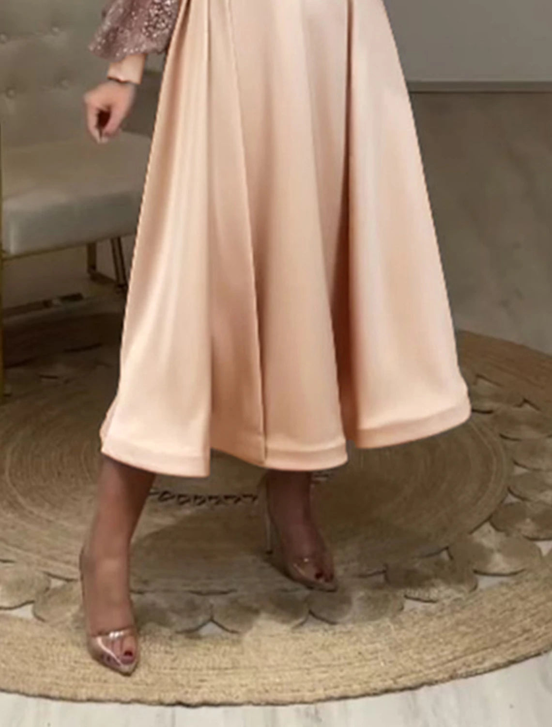 A-Line Cocktail Dresses Elegant Dress Wedding Guest Party Wear Tea Length Long Sleeve V Neck Fall Wedding Guest Satin with Ruched