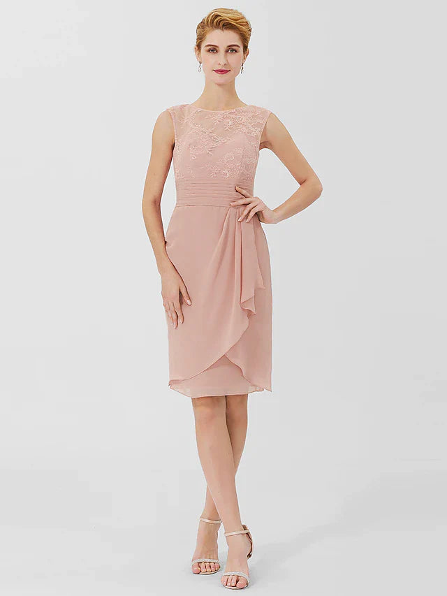 Sheath / Column Mother of the Bride Dress Formal Classic & Timeless Elegant & Luxurious Convertible Dress Jewel Neck Knee Length Chiffon Sheer Lace 3/4 Length Sleeve with Sash / Ribbon