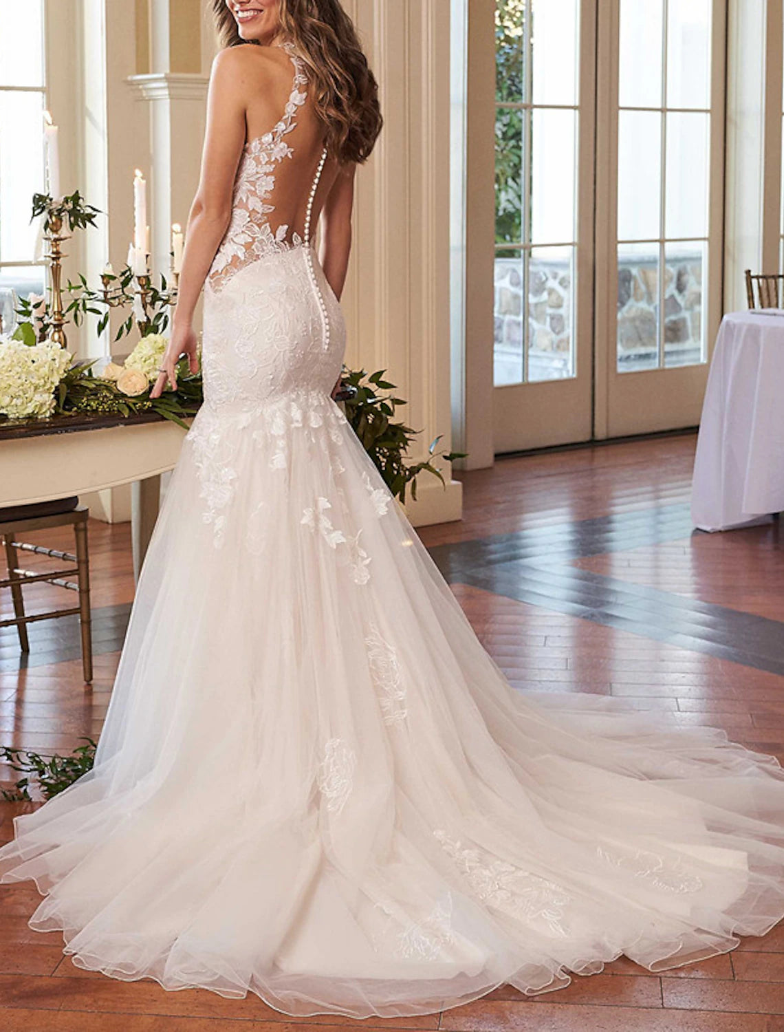 Engagement Open Back Formal Wedding Dresses Mermaid / Trumpet Halter Neck Sleeveless Court Train Satin Bridal Gowns With Appliques Solid Color