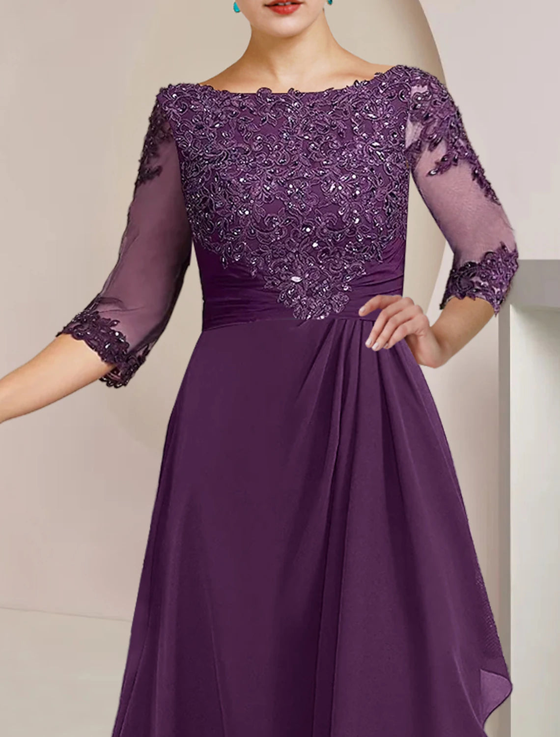 A-Line Mother of the Bride Dress Formal Wedding Guest Elegant High Low Scoop Neck Asymmetrical Floor Length Chiffon Lace 3/4 Length Sleeve with Beading Sequin Appliques 2023