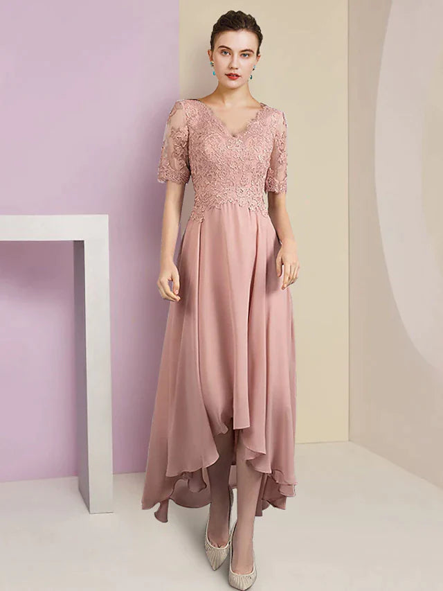 DingjiTwo Piece A-Line Mother of the Bride Dress Formal Wedding Guest Elegant High Low V Neck Asymmetrical Tea Length Chiffon Lace Short Sleeve Wrap Included with Pleats Appliques