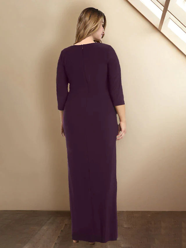 Sheath / Column Plus Size Curve Mother of the Bride Dresses Elegant Dress Formal Floor Length 3/4 Length Sleeve Jewel Neck Sequined with Ruffles Splicing Strappy
