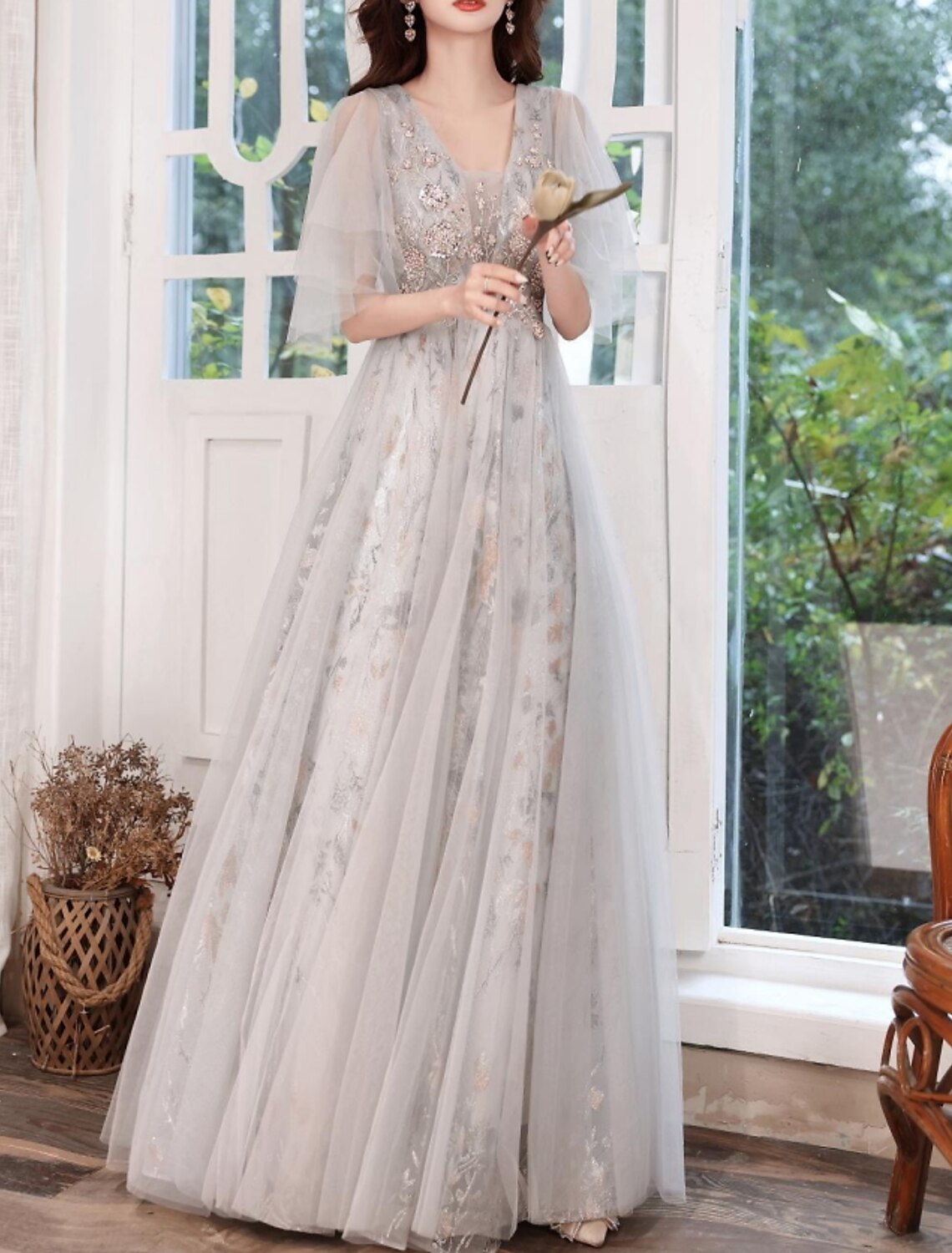 A-Line Color Block Elegant Party Wear Prom Dress V Neck Short Sleeve Floor Length Tulle with Appliques