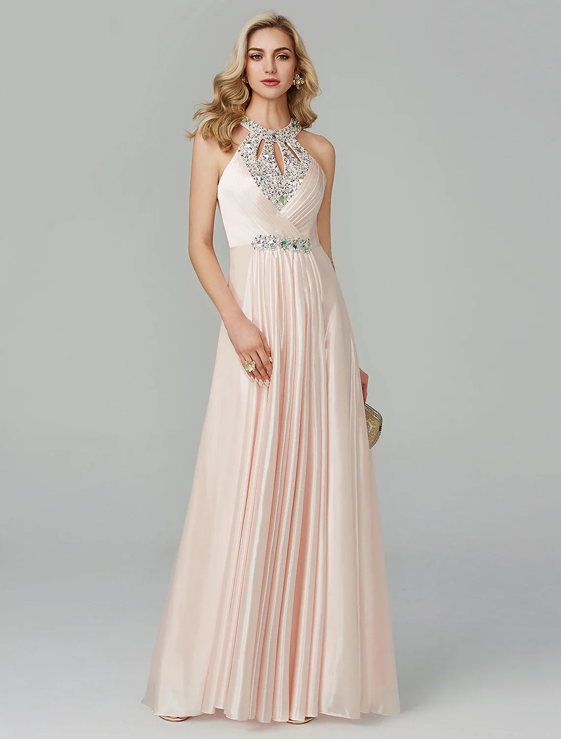 DingjiA-Line Little Black Dress Dress Party Wear Wedding Guest Floor Length Sleeveless Halter Neck Silk Backless with Crystals Sequin