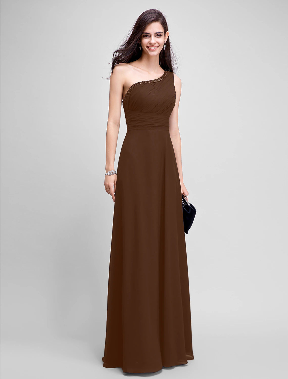 Sheath / Column Empire Dress Wedding Guest Formal Evening Floor Length Sleeveless One Shoulder Bridesmaid Dress Chiffon with Ruched Beading