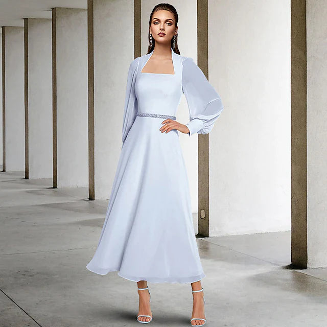 Two Piece A-Line Mother of the Bride Dress Church Elegant Square Neck Tea Length Chiffon Short Sleeve Wrap Included with Sash / Ribbon