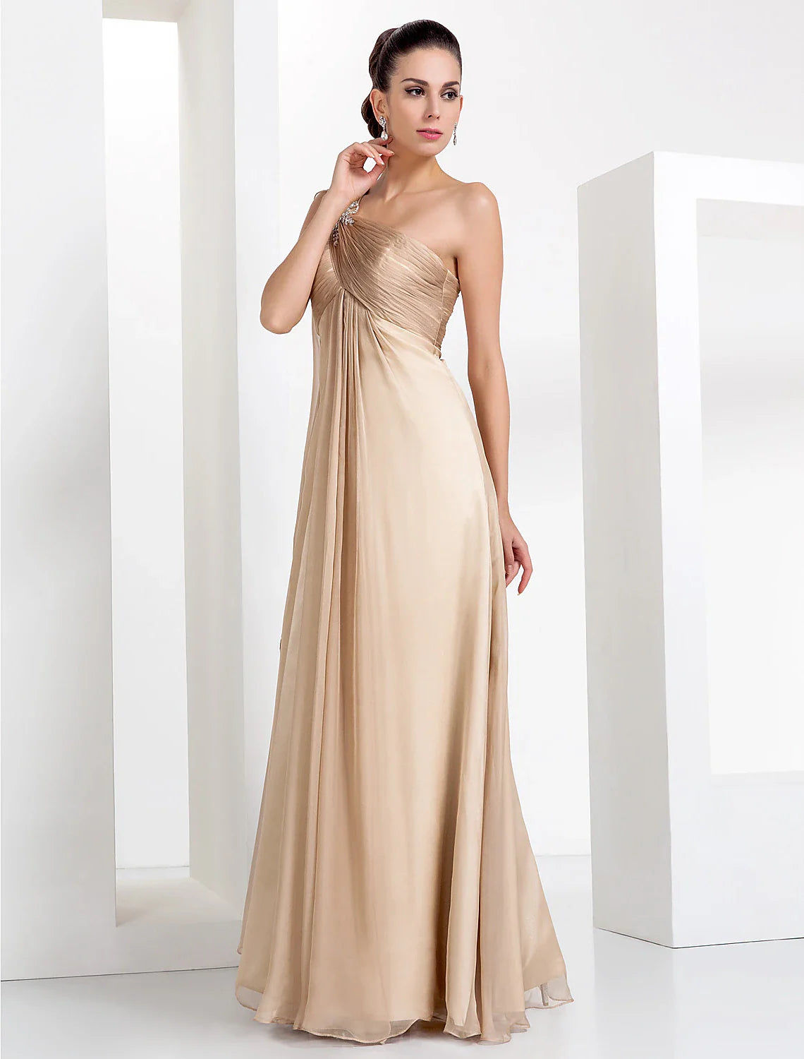 DingjiSheath / Column Elegant Formal Evening Black Tie Gala Dress One Shoulder Sleeveless Floor Length Chiffon with Criss Cross Crystals