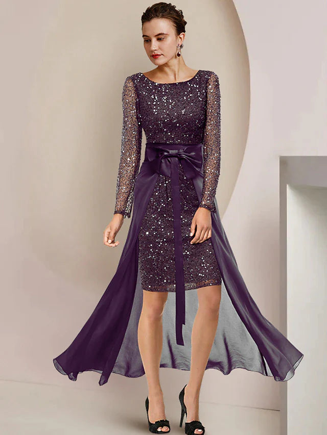 DingjiTwo Piece Sheath / Column Mother of the Bride Dress Formal Wedding Guest Sparkle & Shine Elegant Scoop Neck Knee Length Lace Sequined Long Sleeve with Beading Sequin