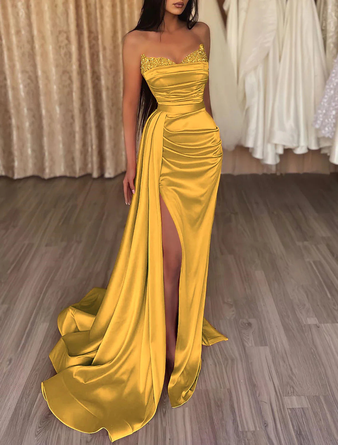 DingjiMermaid Ruched Evening Gown Satin Dress Cocktail Party Prom Court Train Sleeveless Strapless Bridesmaid Dress with Beading Sequin Pure Color