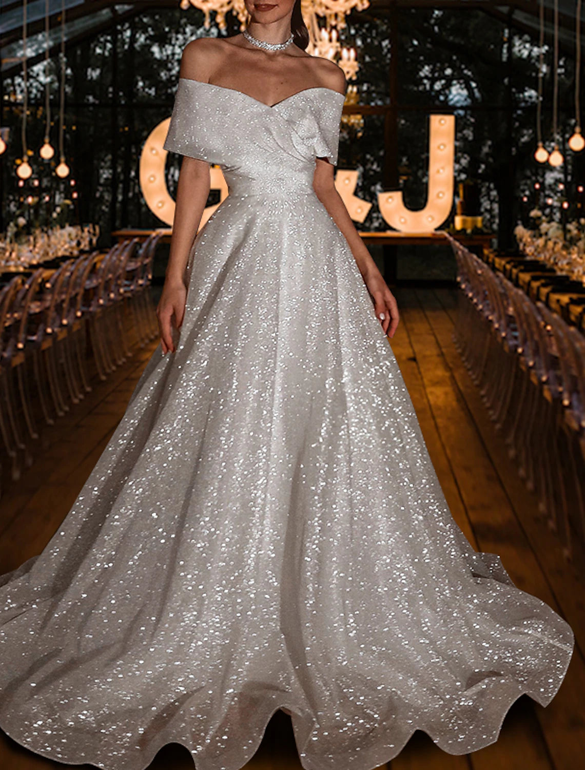 Hall Sparkle & Shine Casual Wedding Dresses A-Line Off Shoulder Cap Sleeve Sweep / Brush Train Sequined Bridal Gowns With Solid Color  Summer Wedding Party