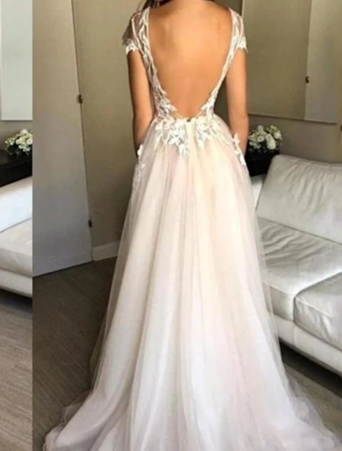 Beach Wedding Dresses A-Line Illusion Neck Cap Sleeve Sweep / Brush Train Lace Bridal Gowns With Split Front