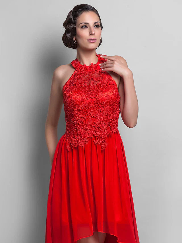 Sheath / Column Elegant Dress Wedding Guest Asymmetrical Sleeveless Halter Chiffon Backless with Appliques