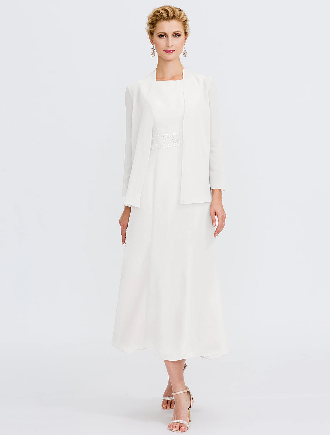 Two Piece Sheath / Column Mother of the Bride Dress Fall Wedding Guest Dresses Plus Size Elegant Jewel Neck Tea Length Chiffon Sleeveless Wrap Included with Sash / Ribbon Pleats Beading 2023