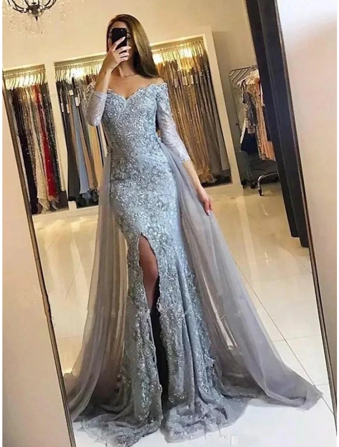 DingjiMermaid Evening Gown Floral Carnival Dress Formal Wedding Sweep / Brush Train Long Sleeve Off Shoulder Fall Wedding Reception Chiffon with Slit Appliques