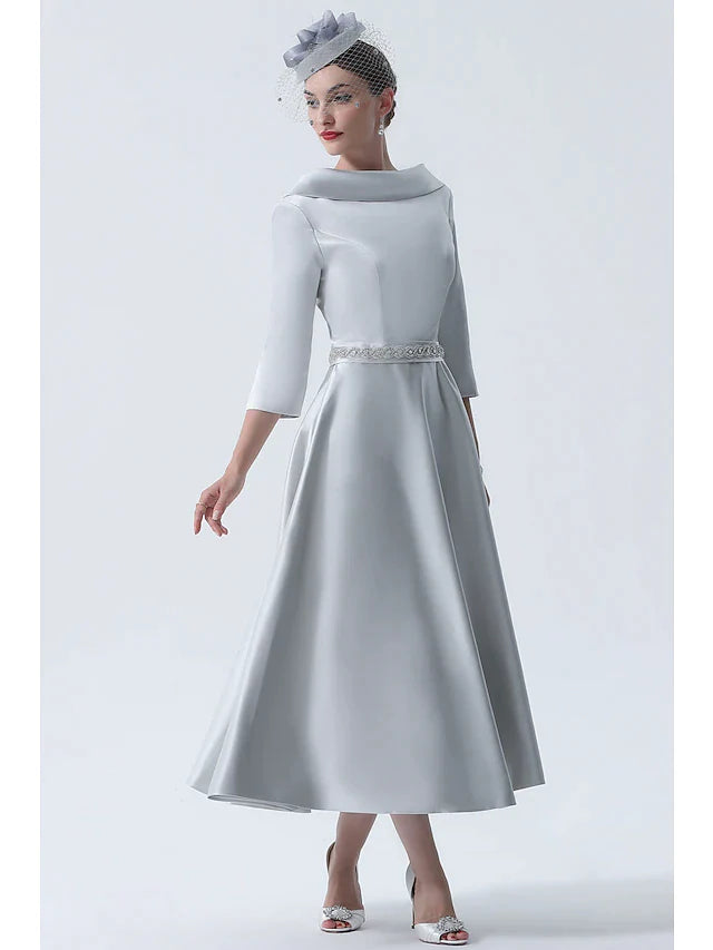 A-Line Mother of the Bride Dress Wedding Guest Vintage Plus Size Elegant Bateau Neck Tea Length Satin 3/4 Length Sleeve with Beading
