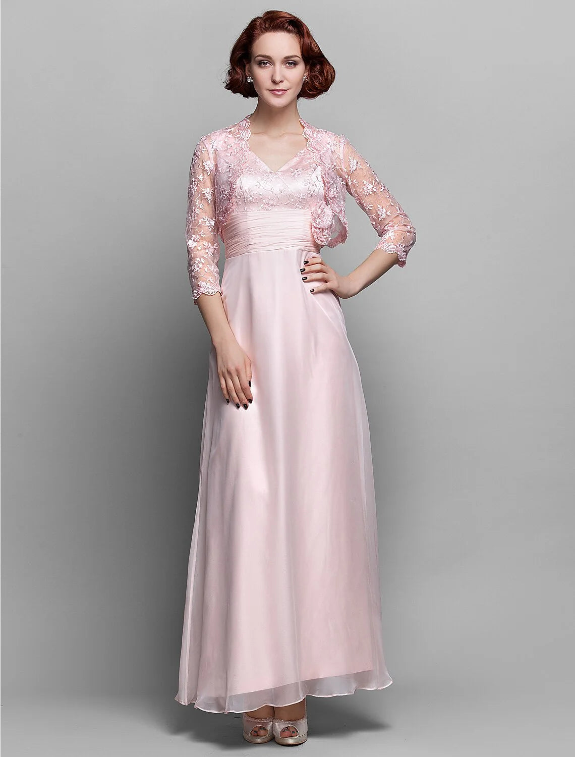 DingjiSheath / Column Mother of the Bride Dress V Neck Ankle Length Chiffon Lace 3/4 Length Sleeve with Bow(s) Ruched