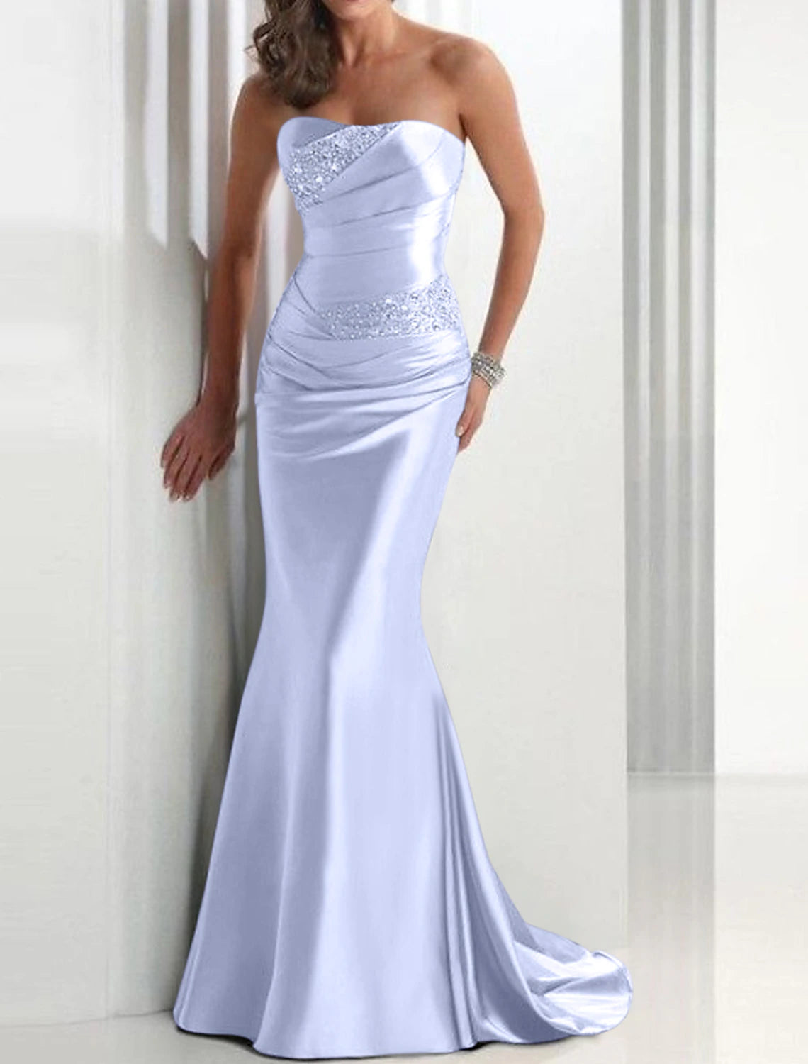 Mermaid / Trumpet Elegant Sparkle & Shine Wedding Guest Formal Evening Dress Strapless Sleeveless Sweep / Brush Train Satin with Crystals
