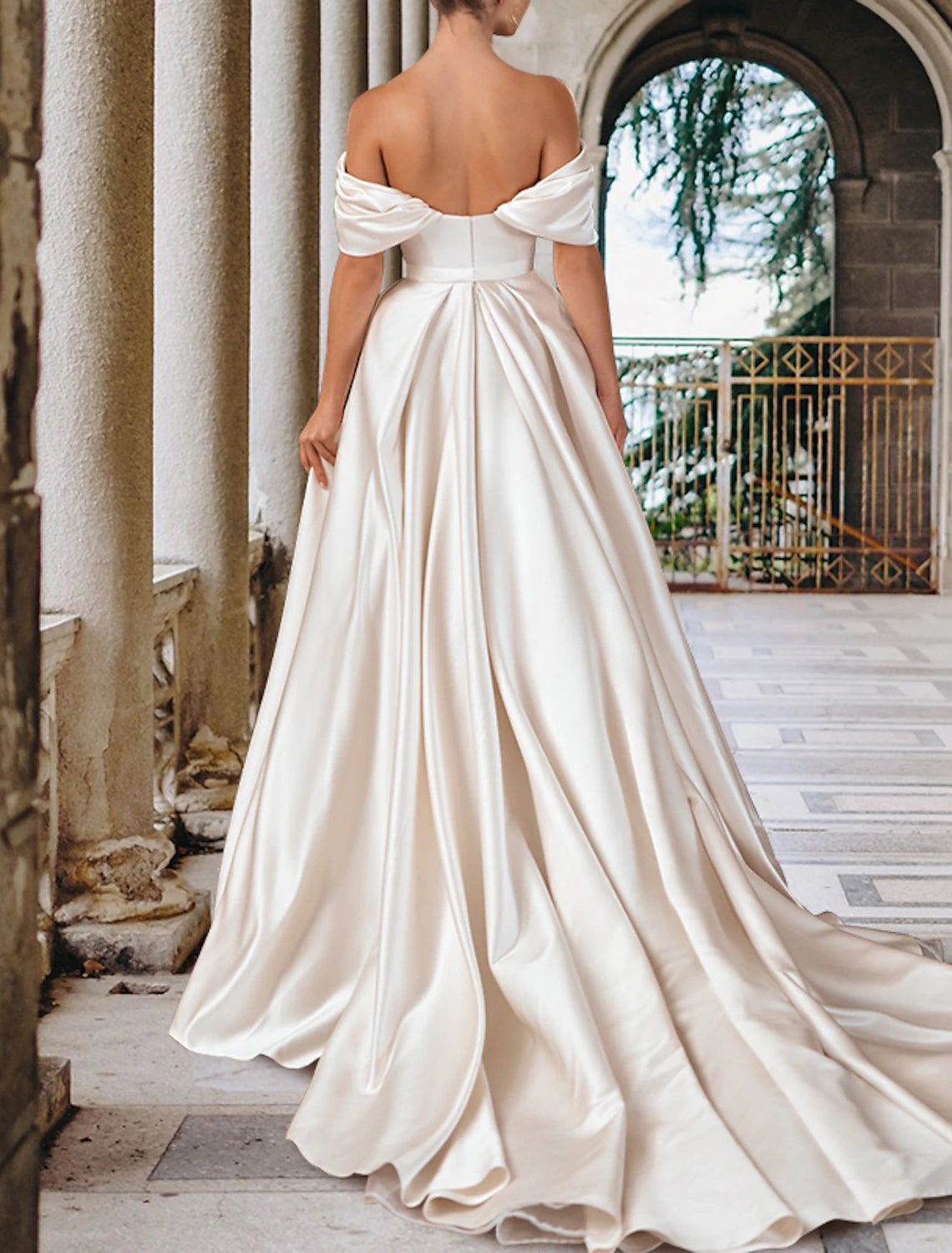 Engagement Formal Wedding Dresses A-Line Off Shoulder Cap Sleeve Court Train Satin Bridal Gowns With Pleats Beading