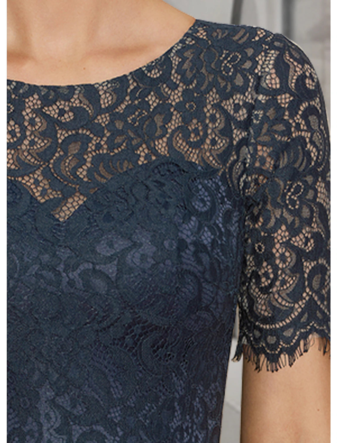 A-Line Mother of the Bride Dress Fall Wedding Guest Elegant High Low Jewel Neck Asymmetrical Tea Length Satin Lace Short Sleeve with Pleats 2023