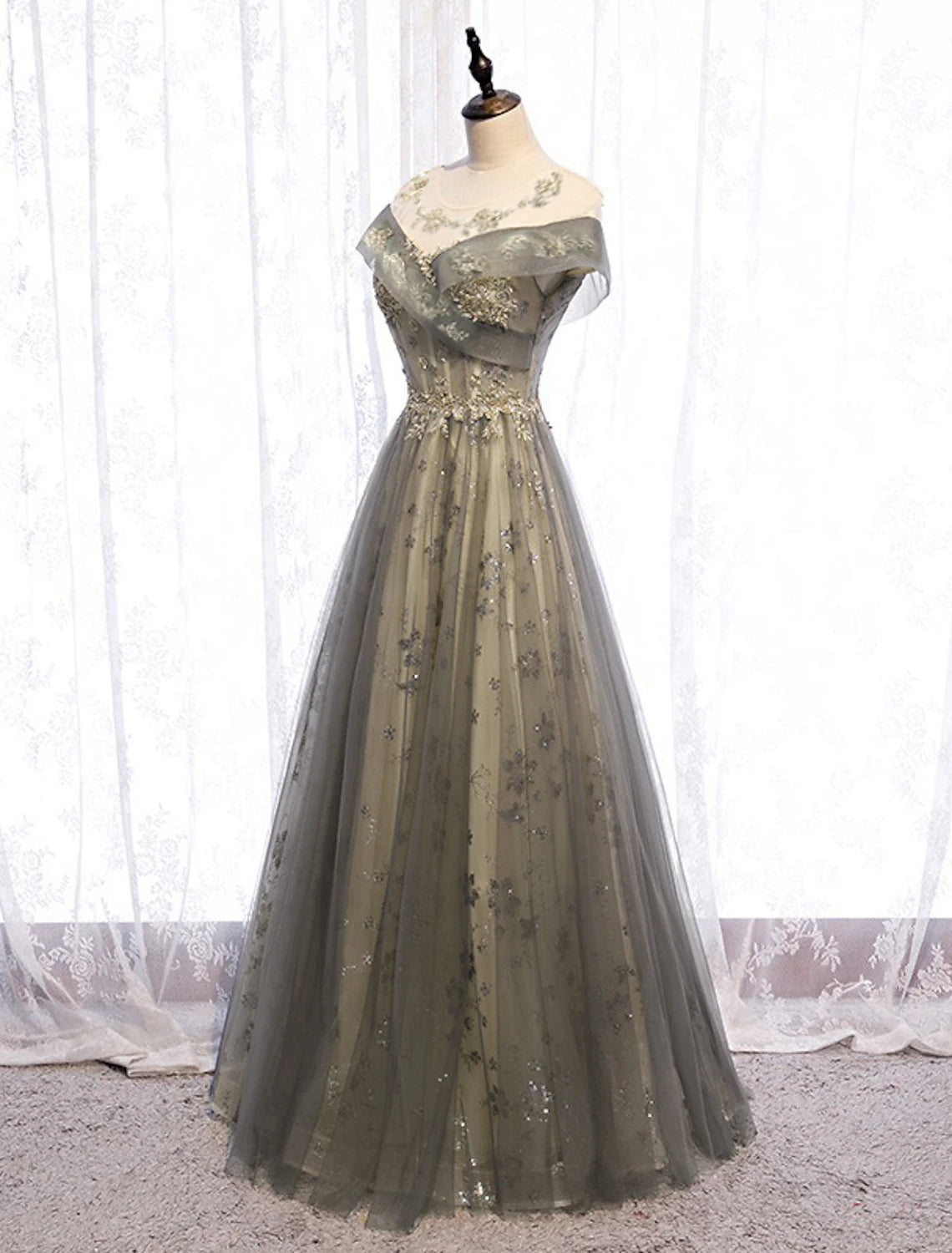 A-Line Evening Gown Floral Dress Wedding Guest Engagement Floor Length Short Sleeve Illusion Neck Tulle with PleatsA-Line Evening Gown Floral Dress Wedding Guest Engagement Floor Length Short Sleeve Illusion Neck Tulle with Pleats