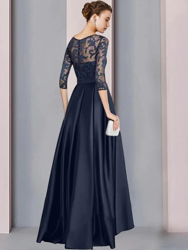 A-Line Mother of the Bride Dress Wedding Guest Elegant High Low Scoop Neck Asymmetrical Floor Length Satin Lace Half Sleeve with Bow(s) Pleats Appliques