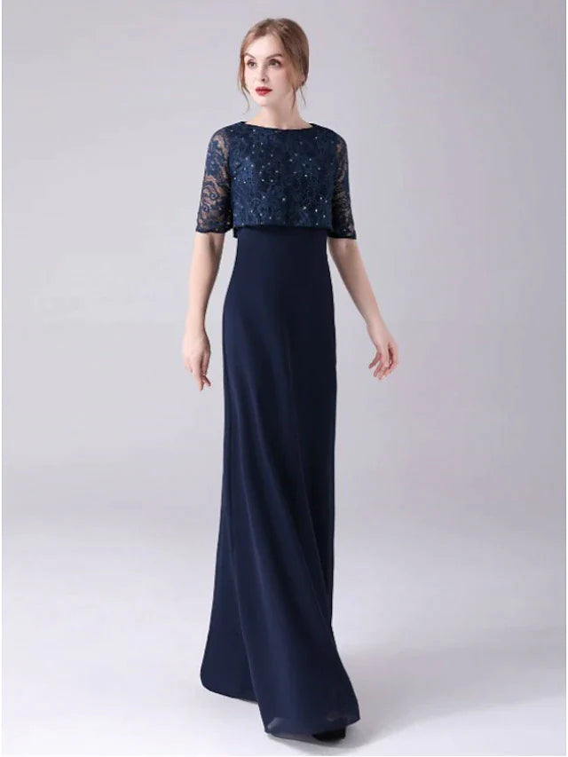 A-Line Mother of the Bride Dress Elegant Sweet Jewel Neck Floor Length Chiffon Half Sleeve with Lace Crystals