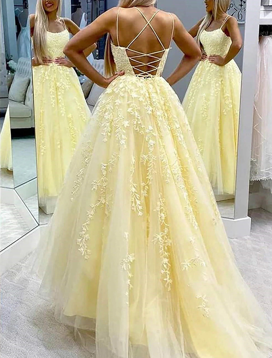 A-Line Prom Dresses Floral Dress Formal Chapel Train Sleeveless Spaghetti Strap Tulle with Appliques