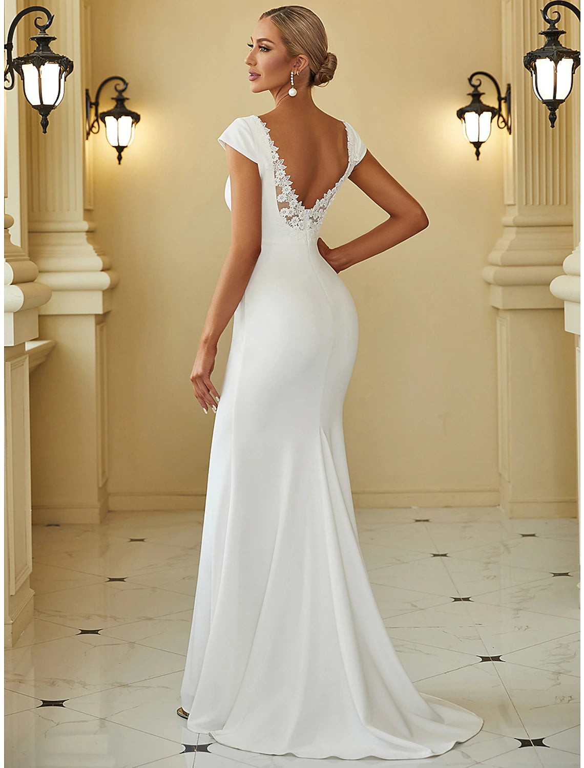 Reception Casual Wedding Dresses Mermaid / Trumpet V Neck Cap Sleeve Sweep / Brush Train Stretch Fabric Bridal Gowns With Draping Solid Color 2023 Summer Wedding Party