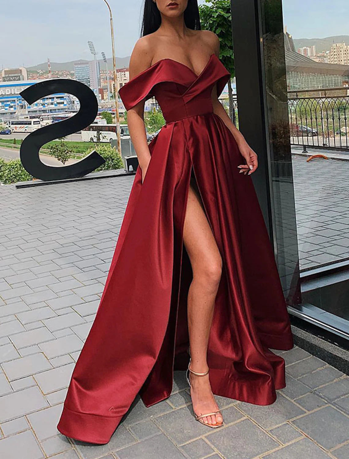 A-Line Evening Gown Celebrity Dress Christmas Prom Floor Length Short Sleeve V Neck Fall Wedding Guest Satin with Slit