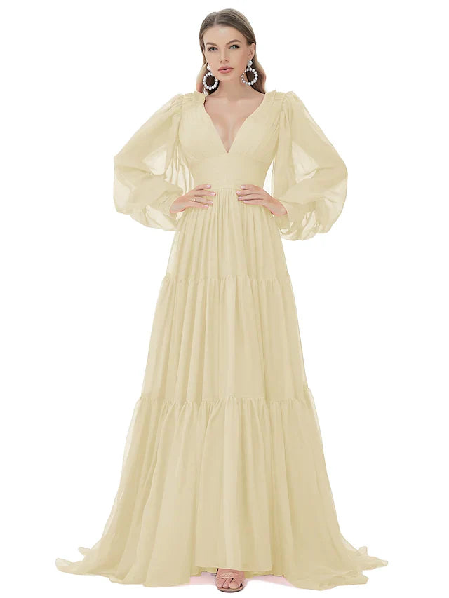 DingjiA-Line Evening Gown Sexy Dress Party Wear Sweep / Brush Train Long Sleeve V Neck Chiffon with Ruched