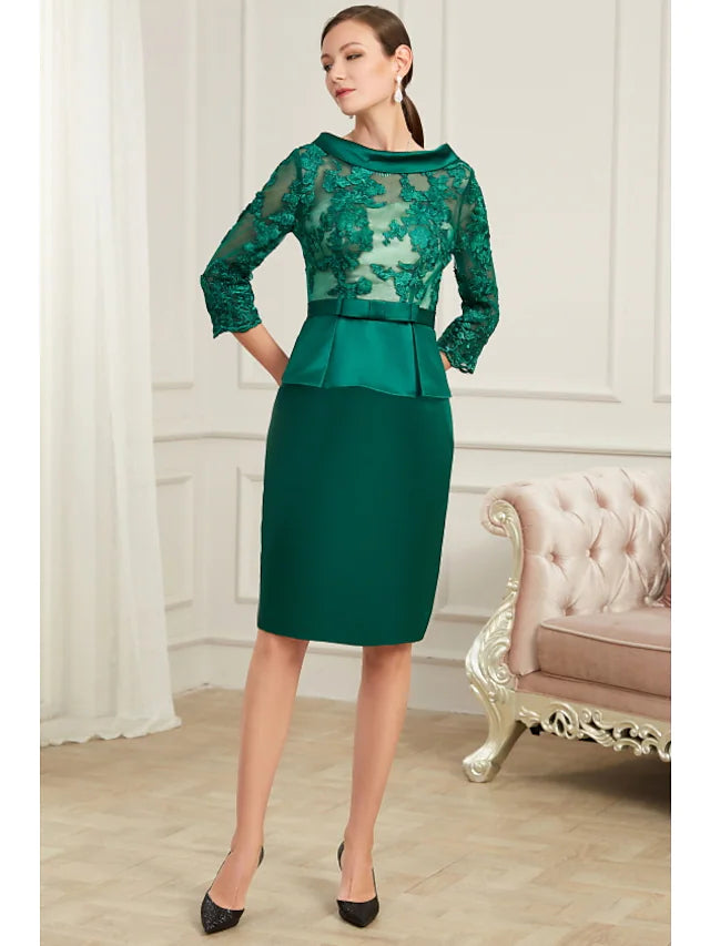 DingjiSheath / Column Peplum Wedding Guest Cocktail Party Dress Jewel Neck 3/4 Length Sleeve Knee Length Chiffon with Bow(s) Slit Appliques