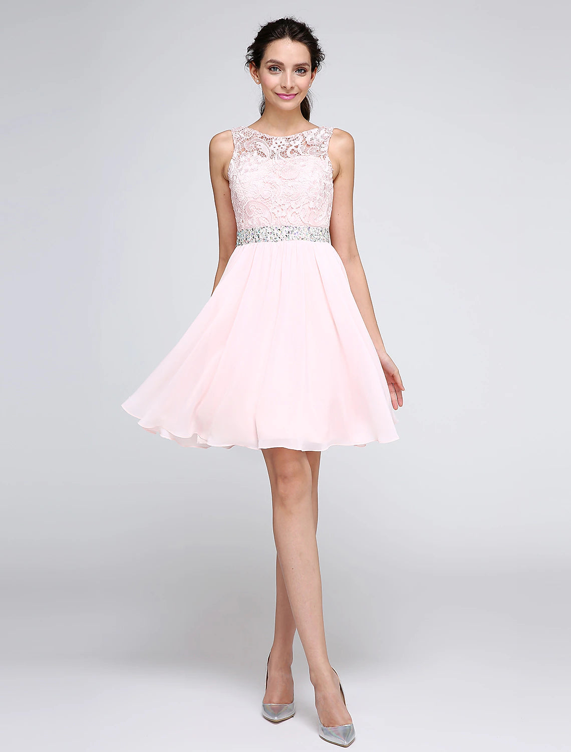A-Line Special Occasion Dresses Party Dress Homecoming Short / Mini Sleeveless Illusion Neck Pink Dress Chiffon V Back Low Back with Crystals