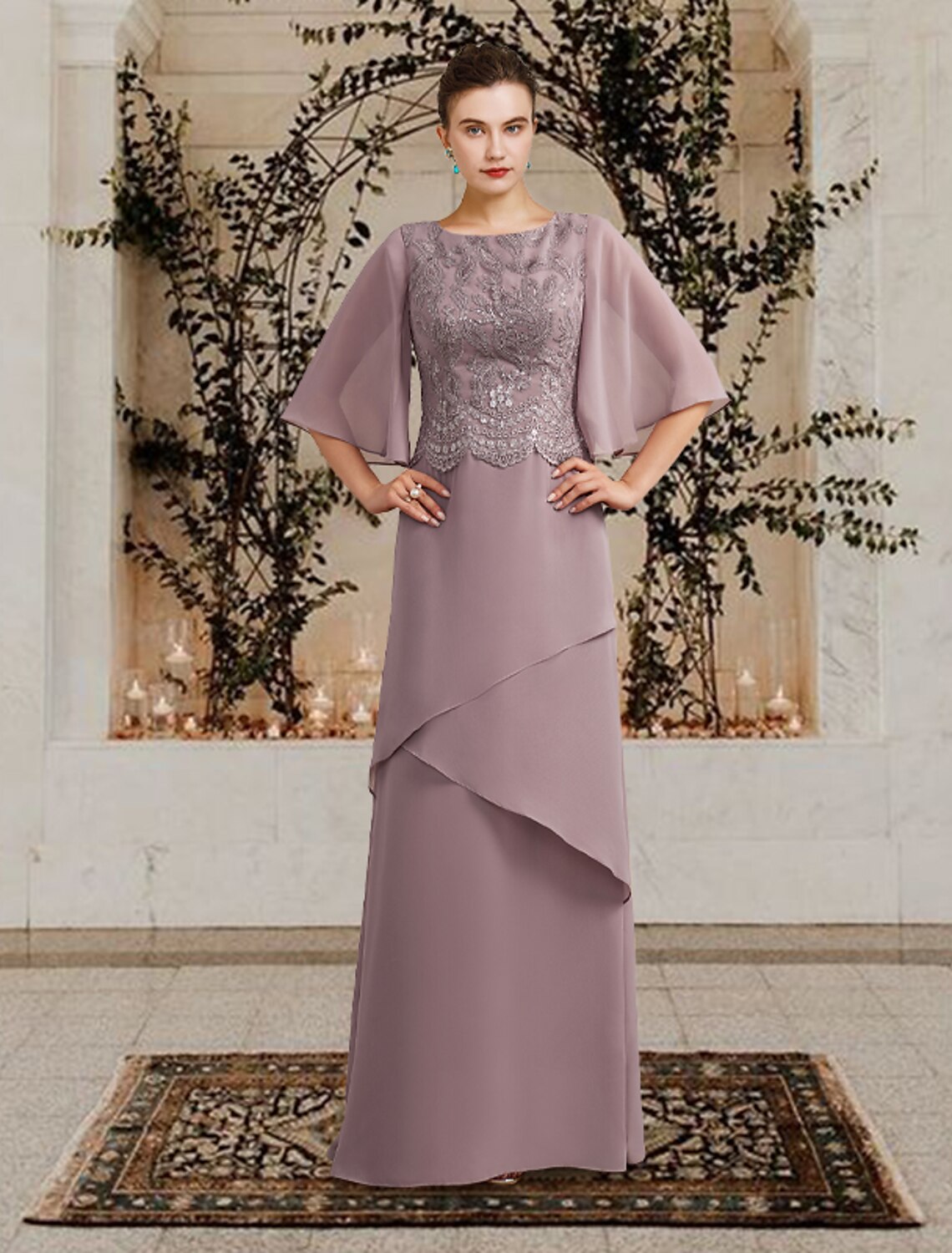 Sheath / Column Mother of the Bride Dress Plus Size Elegant Jewel Neck Floor Length Chiffon Lace Short Sleeve with Ruffles Appliques