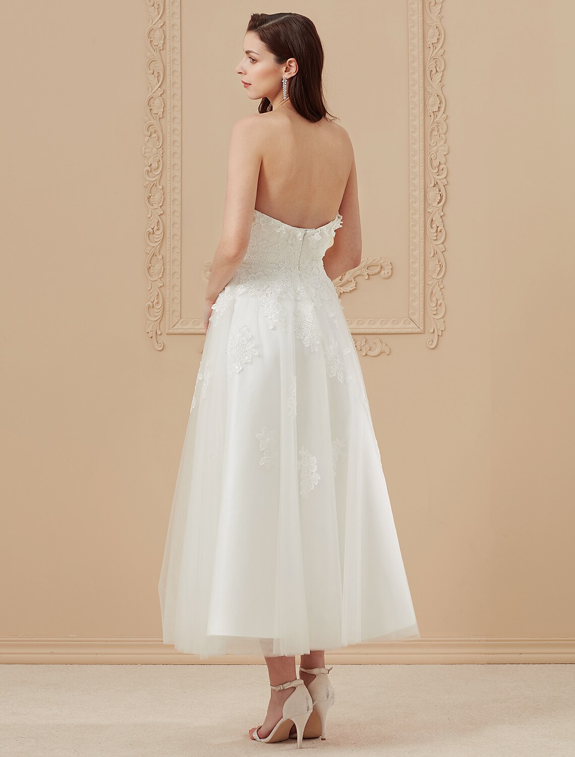 Reception Wedding Dresses A-Line Sweetheart Sleeveless Ankle Length Tulle Bridal Gowns With Sashes / Ribbons Beading