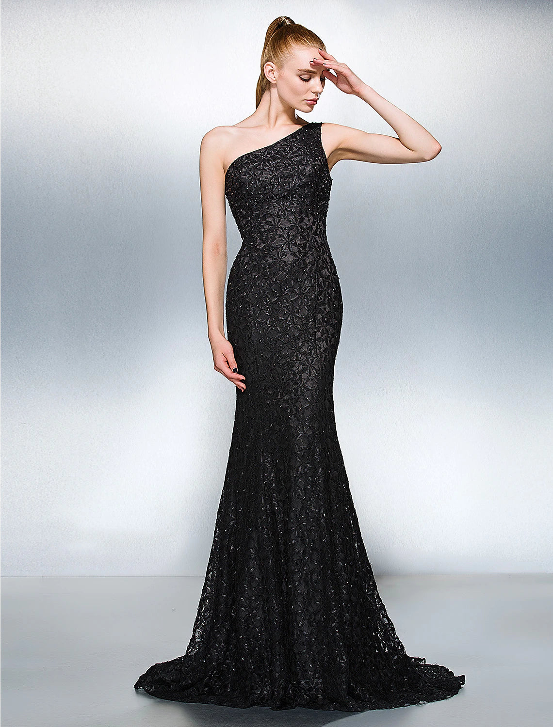 Sheath / Column Sparkle & Shine Dress Holiday Cocktail Party Court Train Sleeveless One Shoulder Lace with Beading