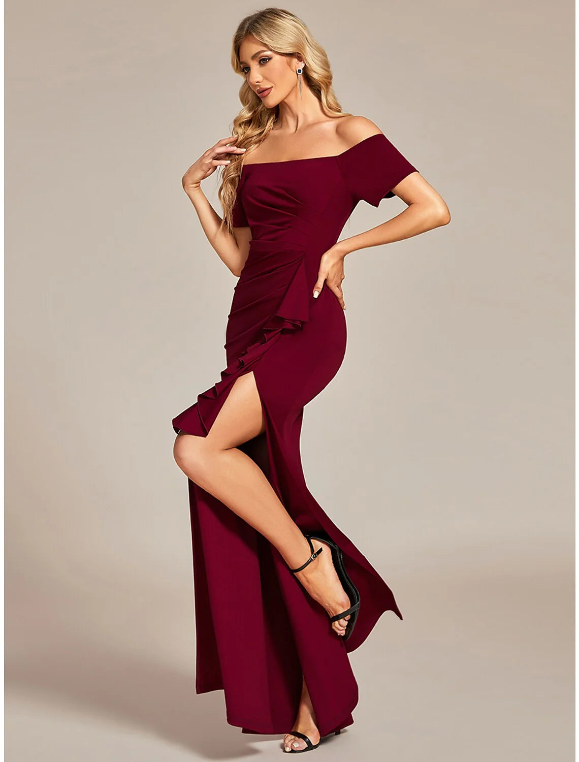 DingjiProm Dress Wedding Guest Dress Long Black Wine Short Sleeve Pure Color Ruched Summer Spring Fall Off Shoulder