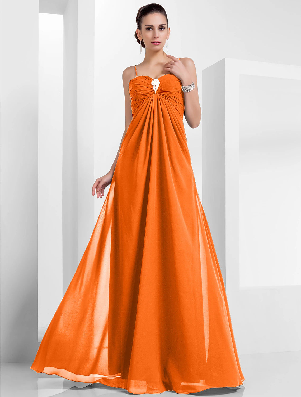 A-Line Empire Holiday Formal Evening Dress Spaghetti Strap Sleeveless Floor Length Chiffon with Crystals