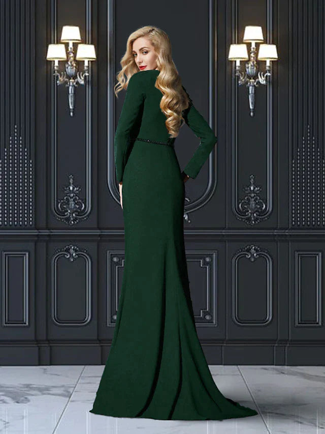 Sheath / Column Mother of the Bride Dress Plus Size Elegant Jewel Neck Sweep / Brush Train Chiffon Long Sleeve with Sash / Ribbon