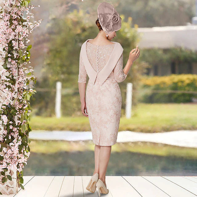 Sheath / Column Mother of the Bride Dress Elegant Jewel Neck Knee Length Lace Half Sleeve with Sash / Ribbon Appliques