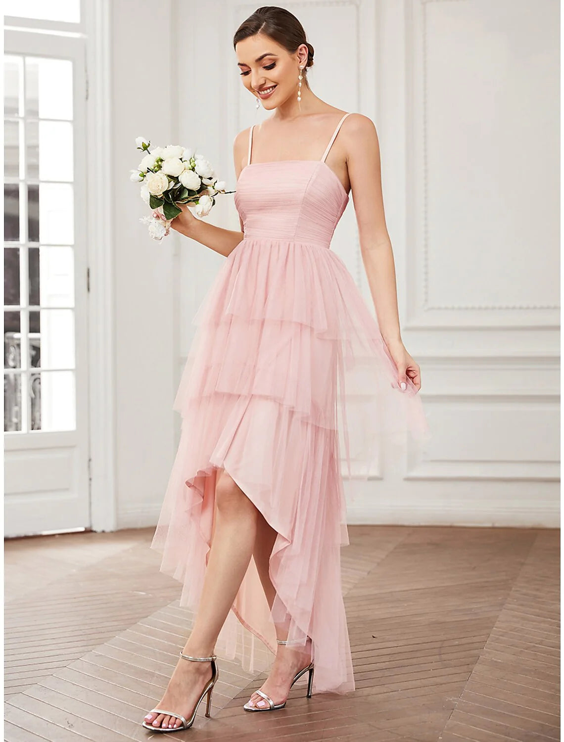 DingjiA-Line Party Dresses Vintage Dress Prom Knee Length Sleeveless Spaghetti Strap Tulle with Ruched
